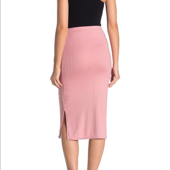 Ribbed midi skirt small slit stretchy professional work wear bubblegum pink - Picture 2 of 4